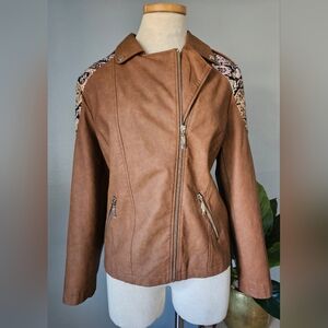 CHICO'S Faux Leather  Body & Jacquard Fabric on shoulder Moto Jacket!